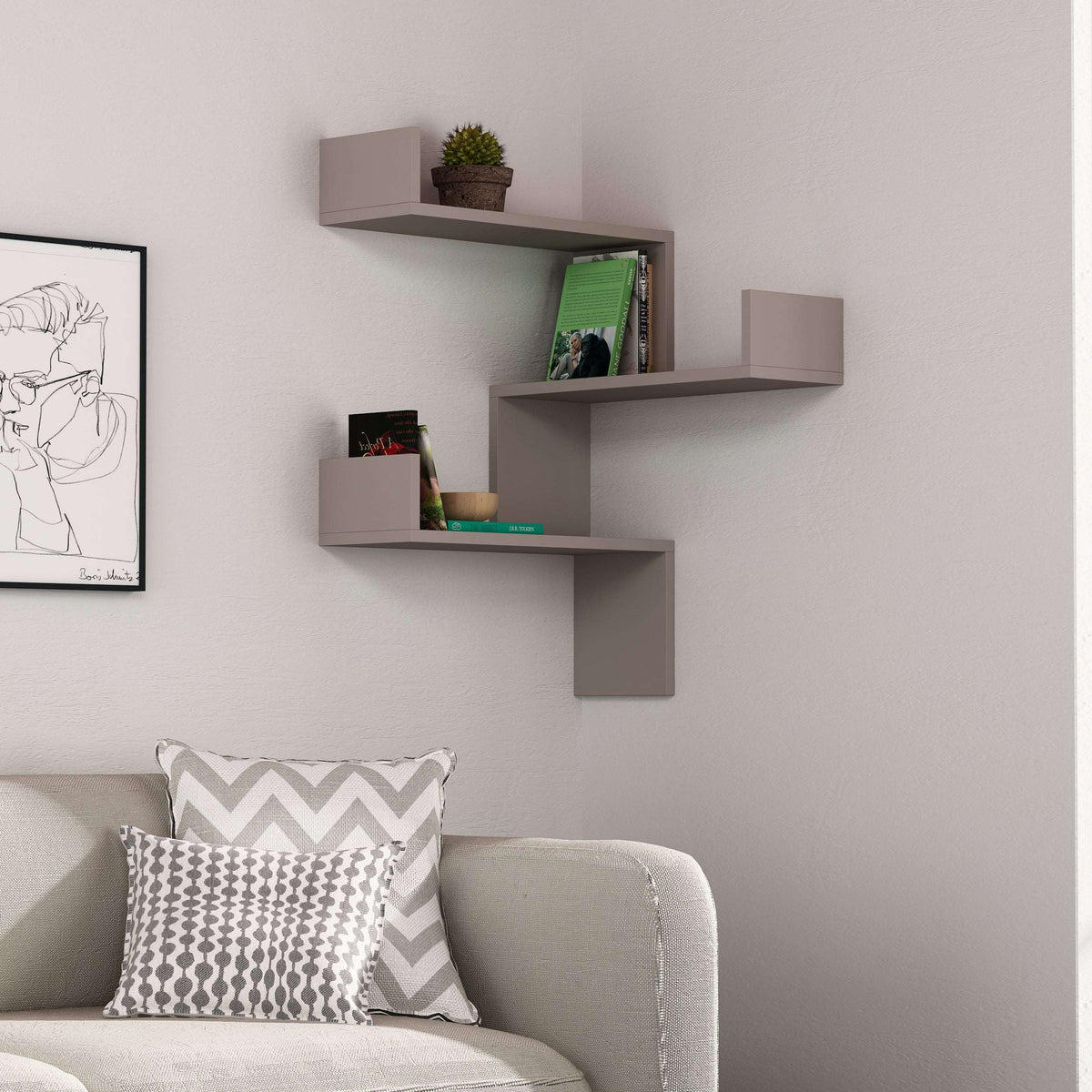Wall-mounted corner bookcase with light grey floating shelves and open cubby storage