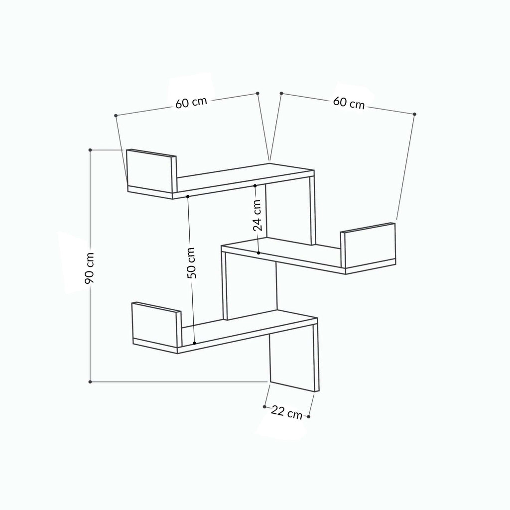 Corner wall-mounted bookcase dimensions diagram, 60 cm wide sections