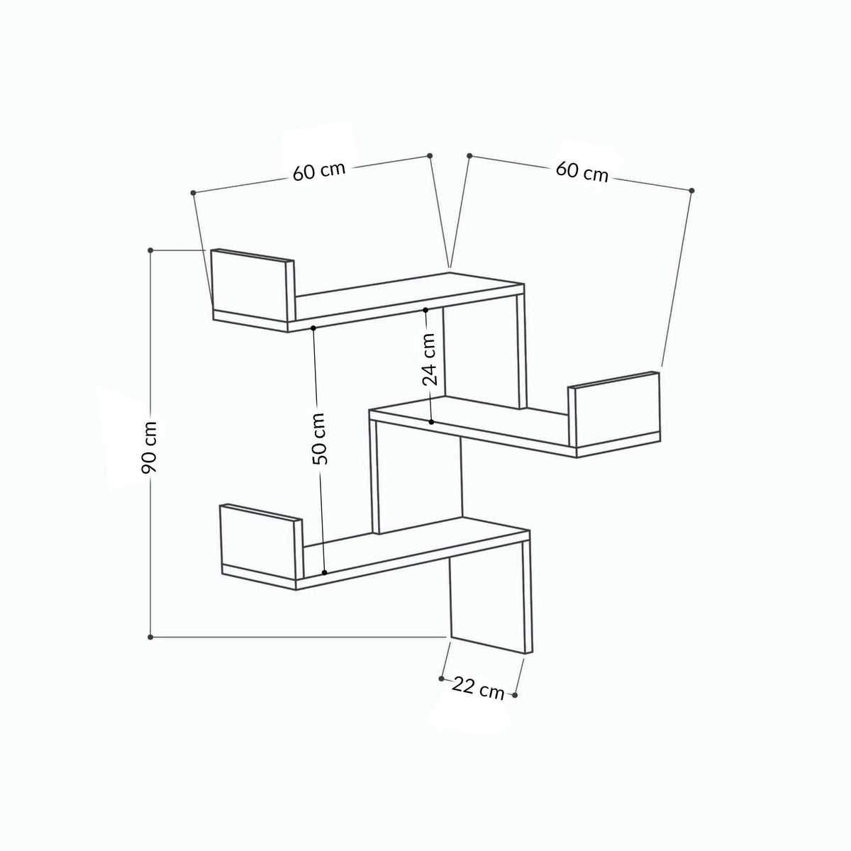 Corner wall-mounted bookcase dimensions diagram, 60 cm wide sections