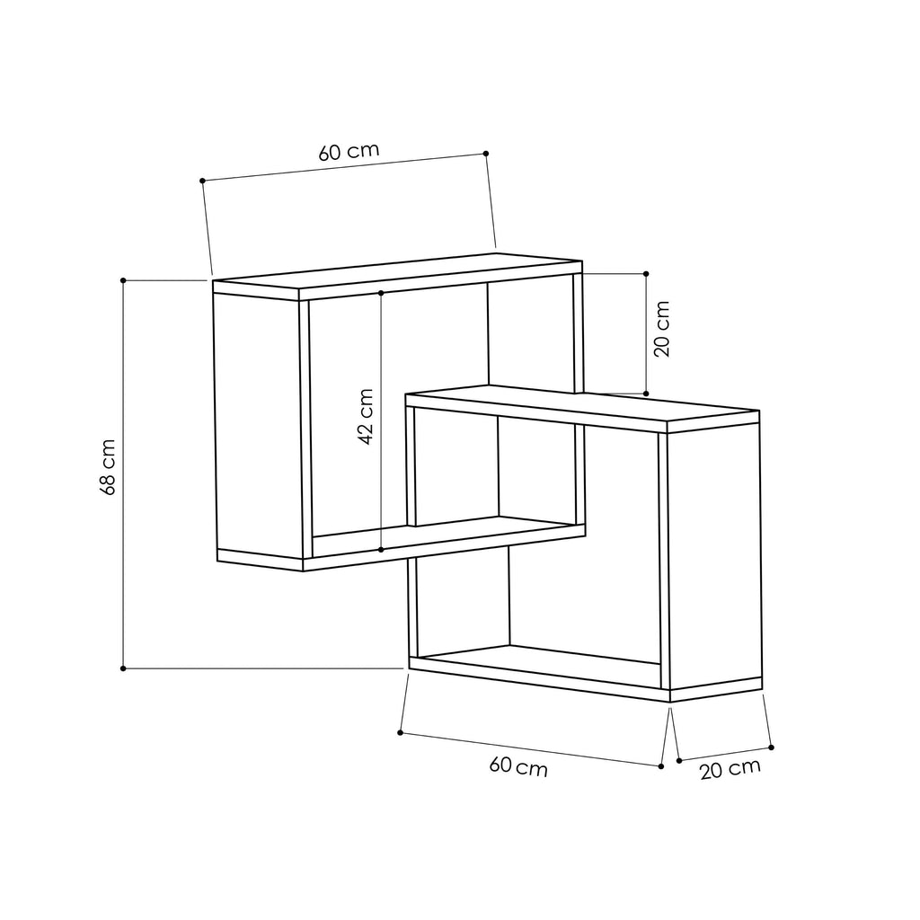 Wall-mounted corner bookcase unit size diagram, 60 cm wide, 68.9 cm high