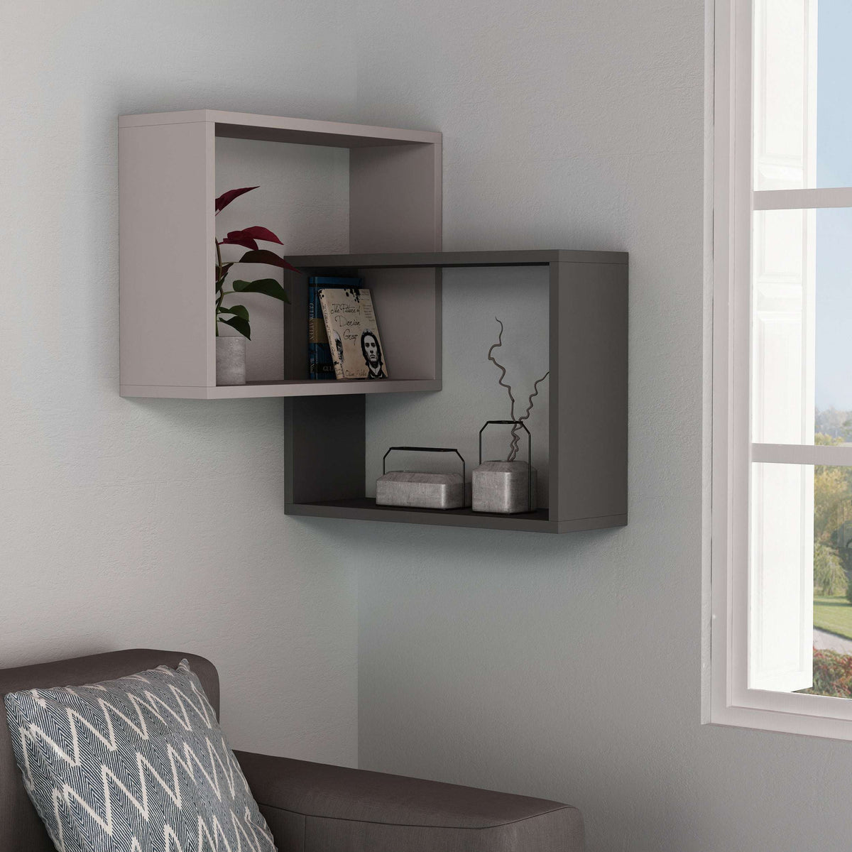 Corner wall-mounted bookcase display unit in light mocha and anthracite with 3 open shelves