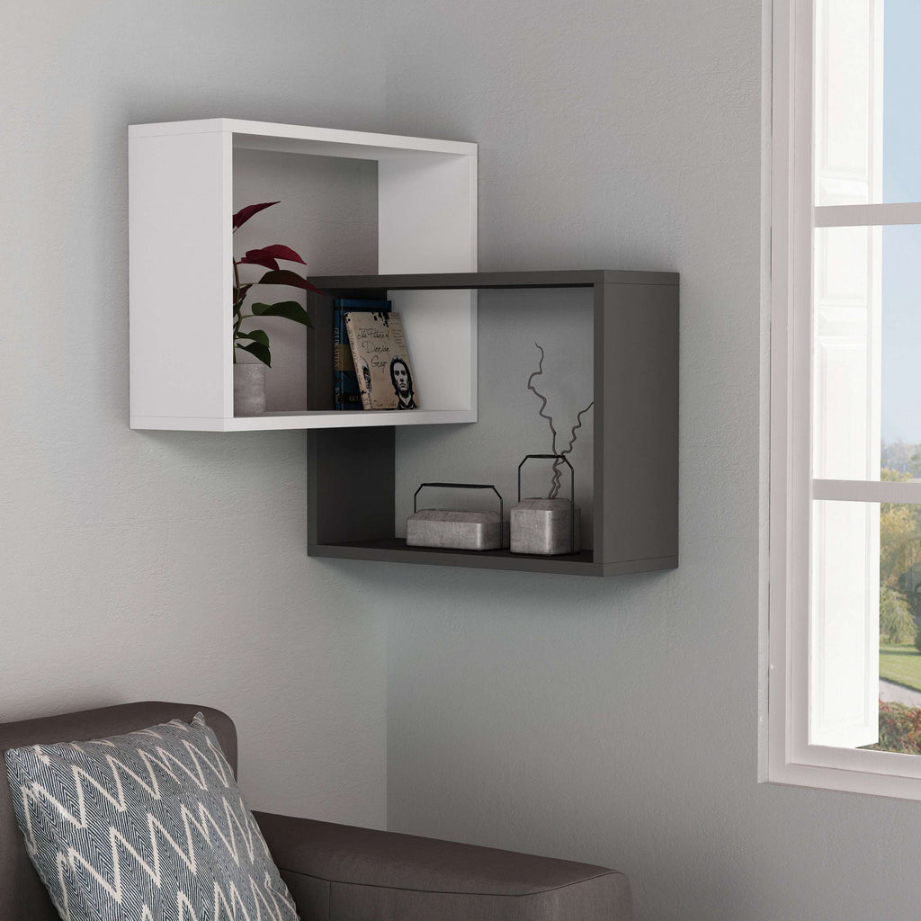 Corner wall-mounted bookcase display unit in white and anthracite with 3 open shelves