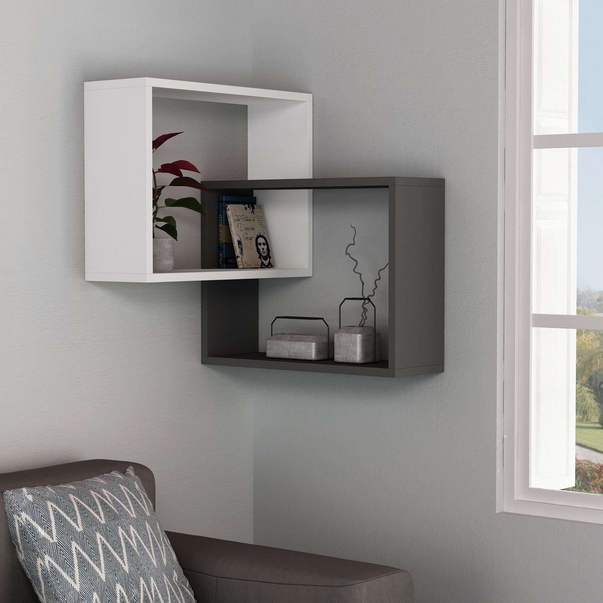 Corner wall-mounted bookcase display unit in white and anthracite with 3 open shelves