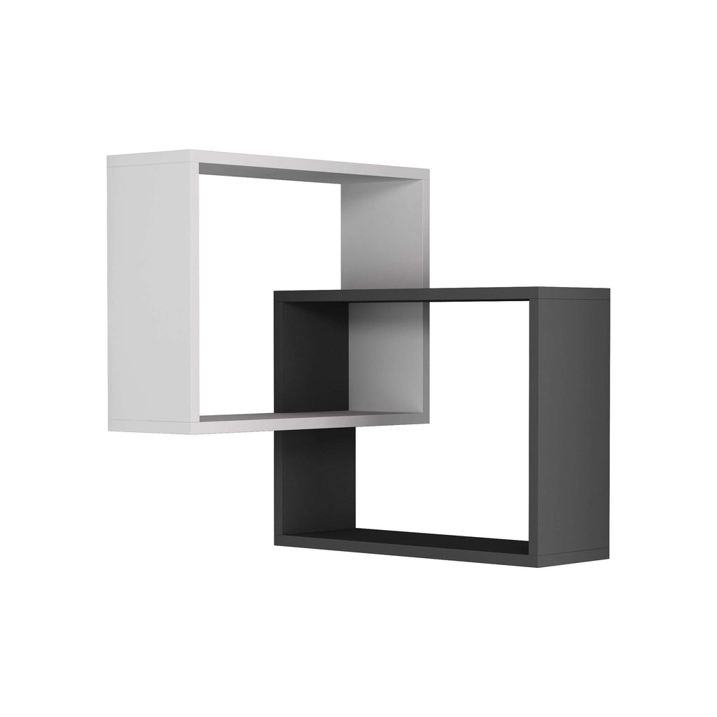 Wall-mounted corner bookcase set with open shelves in white and anthracite