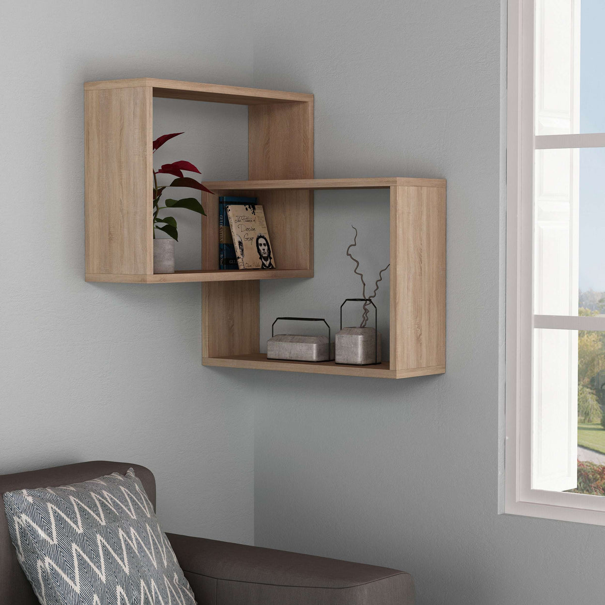 Corner wall-mounted bookcase display unit in oak wood effect with 3 open shelves