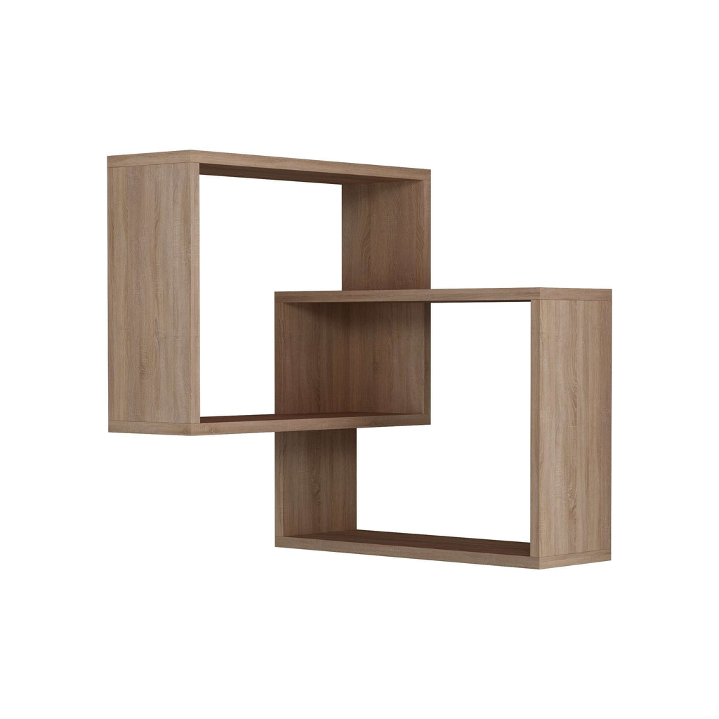 Wall-mounted corner bookcase set with open shelves in oak wood effect