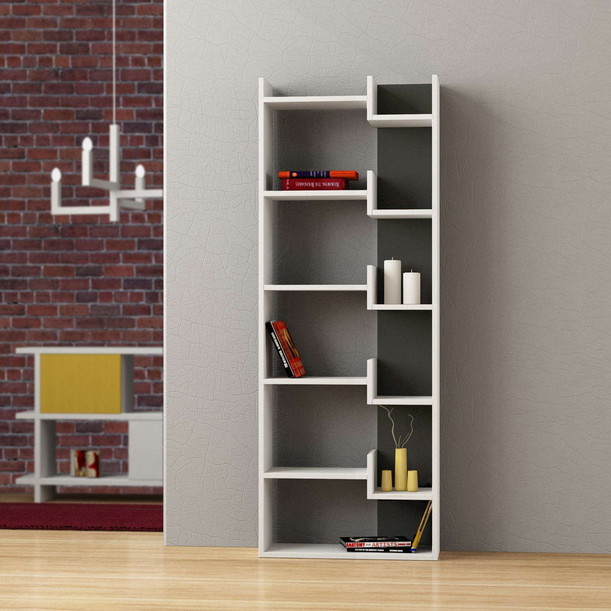 Tall display bookcase with open shelves, white frame and dark interior compartments