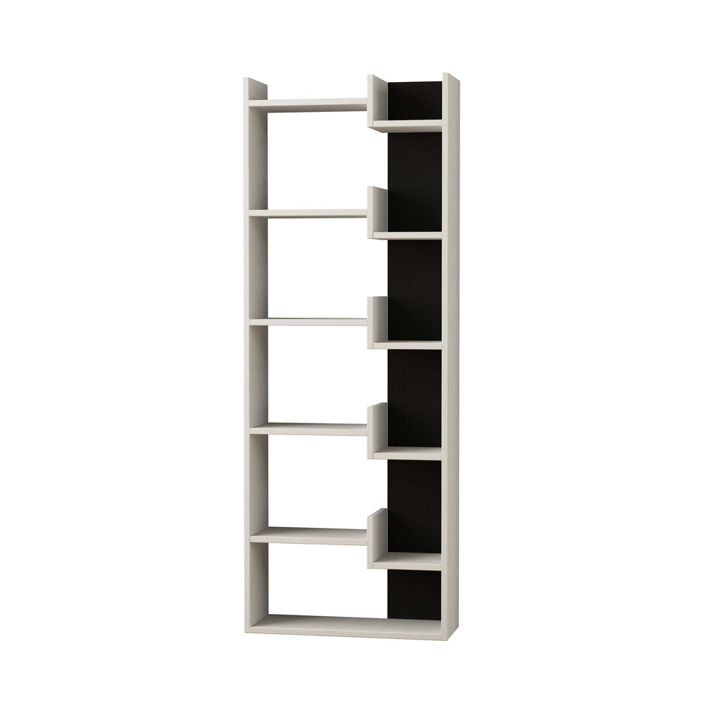 Tall open-shelf bookcase with light frame and dark cubby side panels