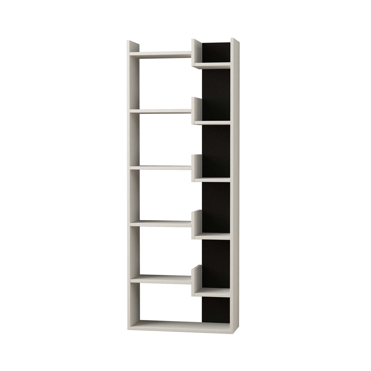 Tall open-shelf bookcase with light frame and dark cubby side panels