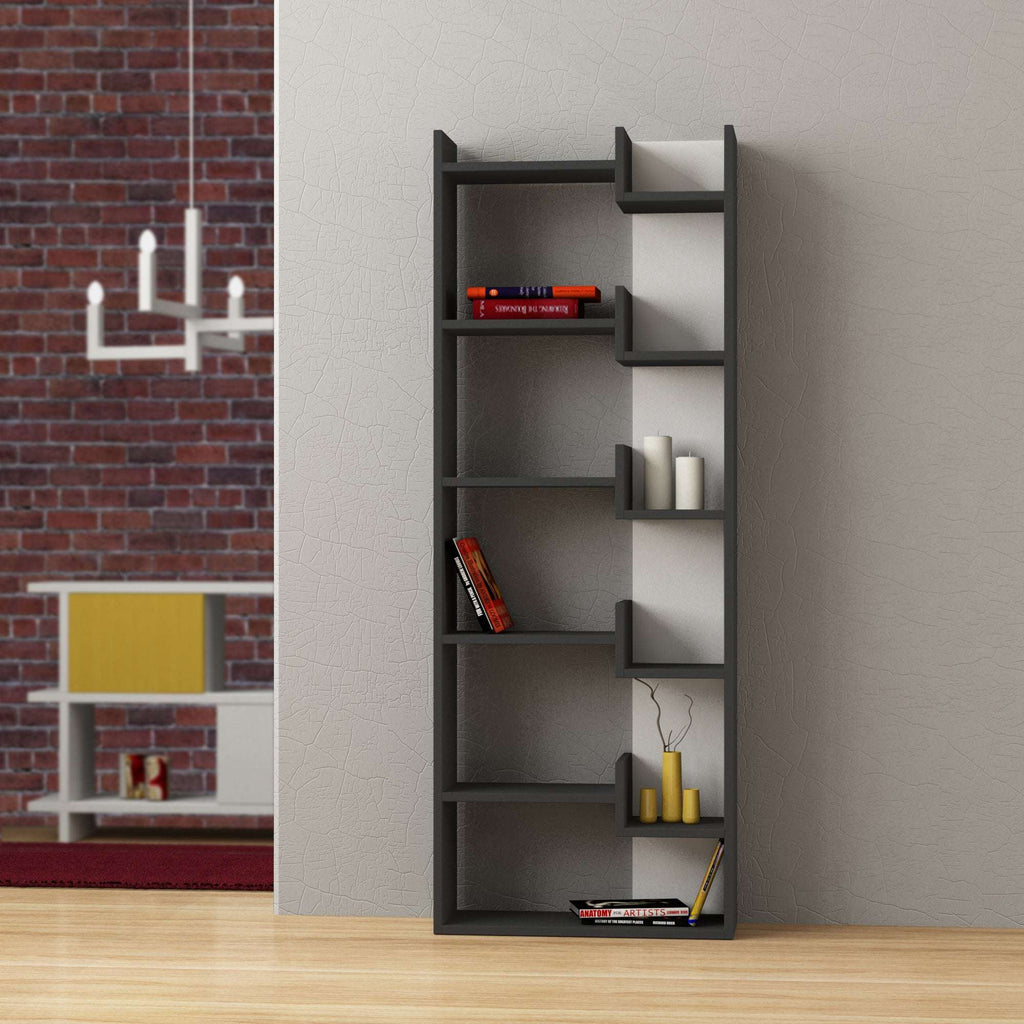 Tall display bookcase with open shelves, dark frame and dark interior compartments