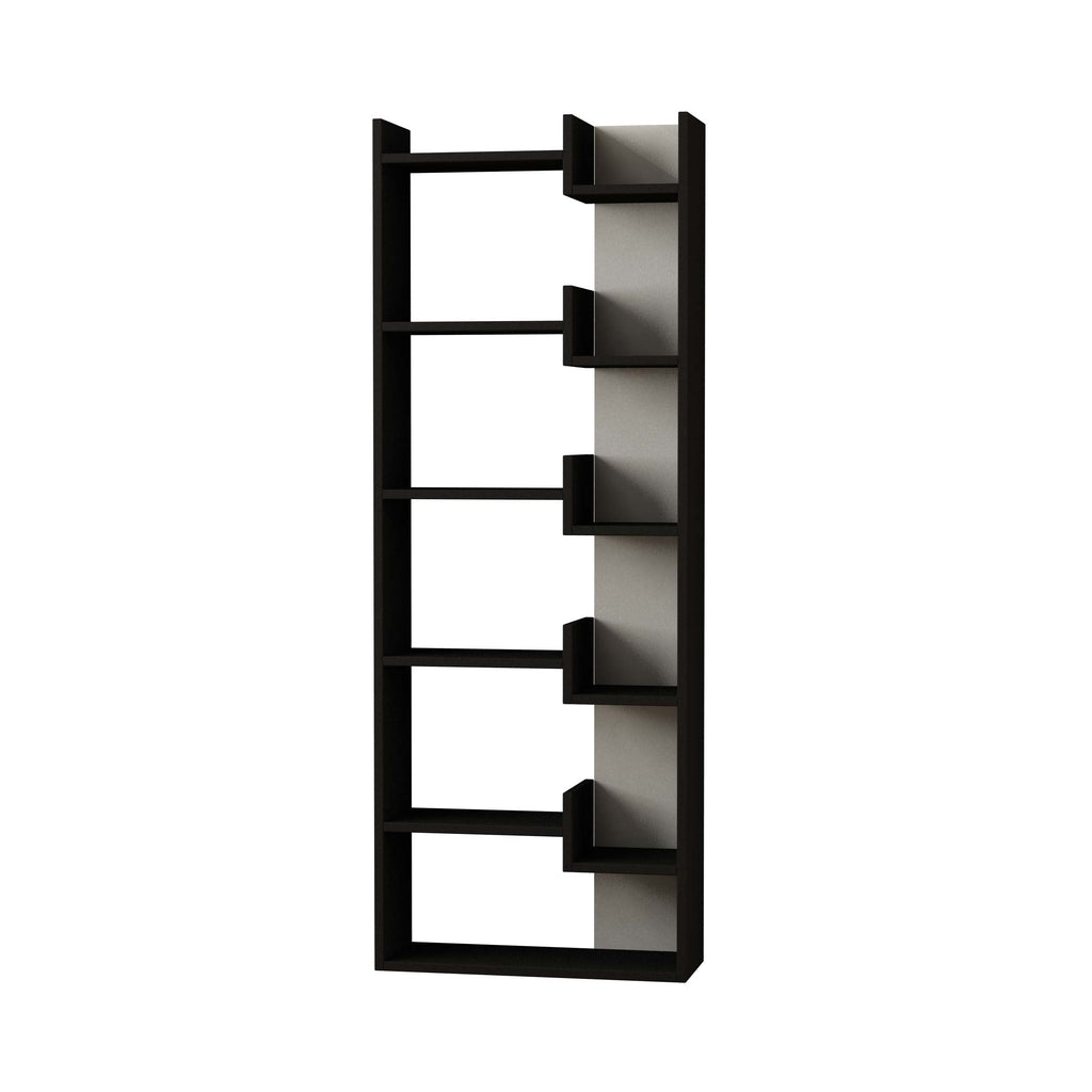 Tall display bookcase with open cubbies, dark frame and contrasting dark shelves