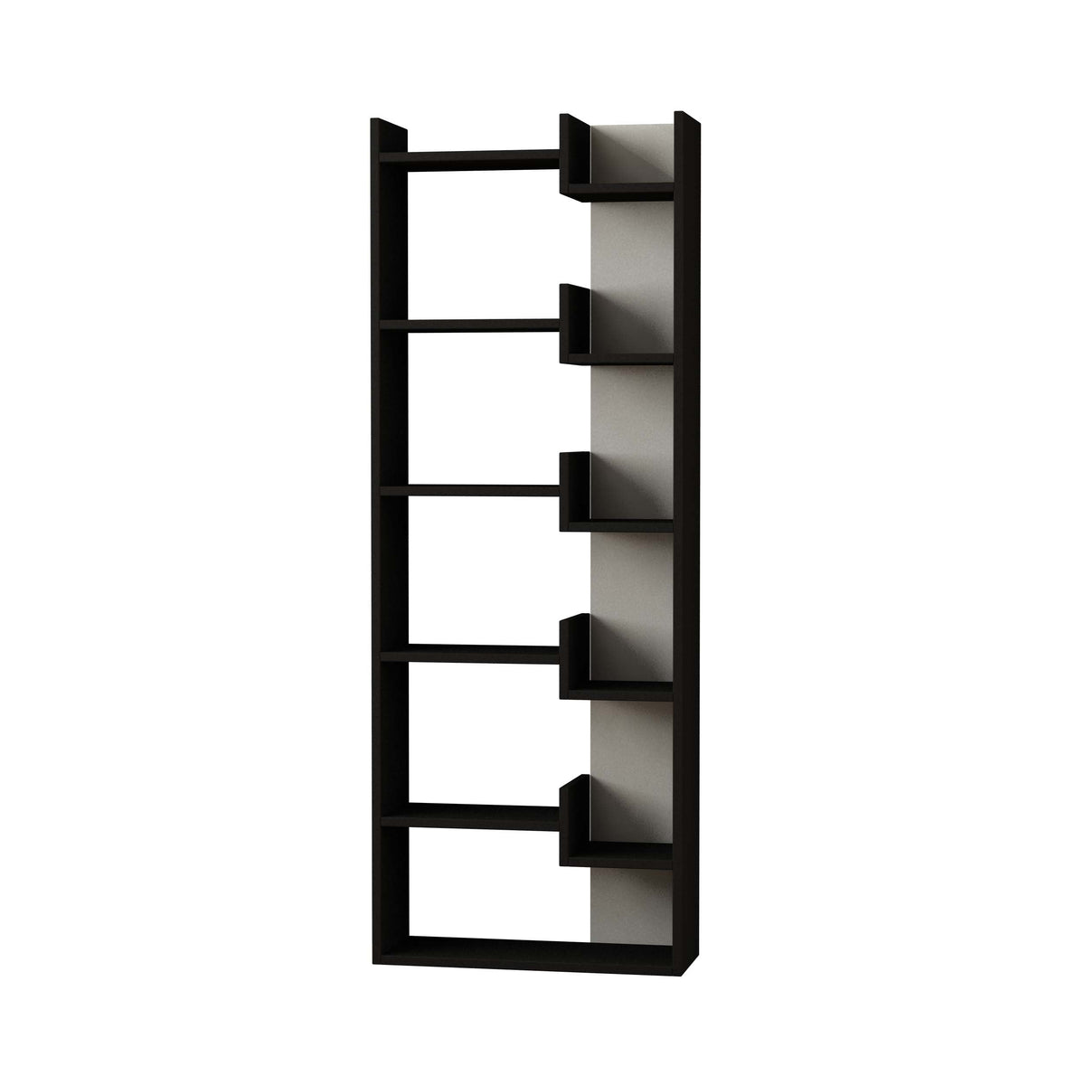 Tall display bookcase with open cubbies, dark frame and contrasting dark shelves