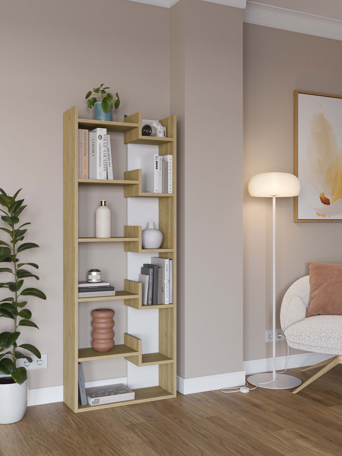 Tall bookcase with open shelves and cubbies in light wood and white paneling