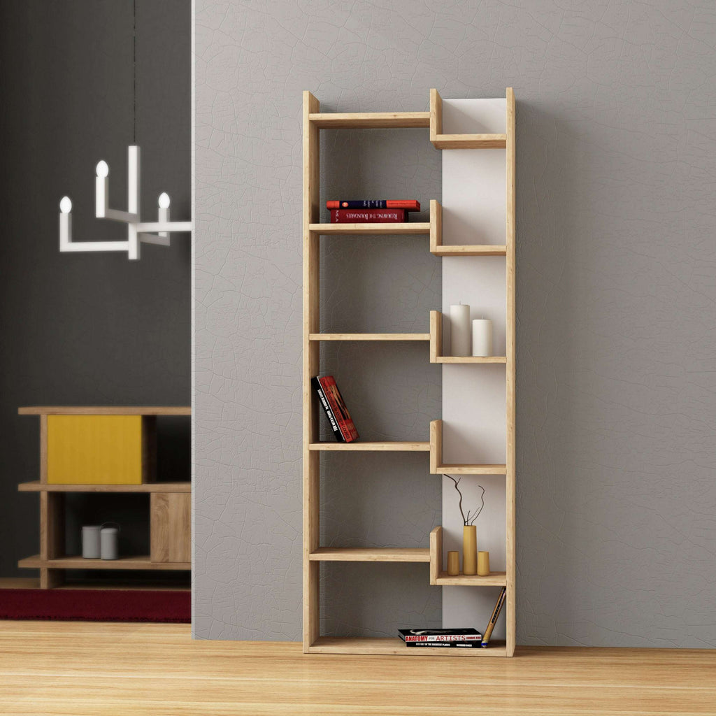 Tall bookcase display unit with open shelves, light wood frame and light interior