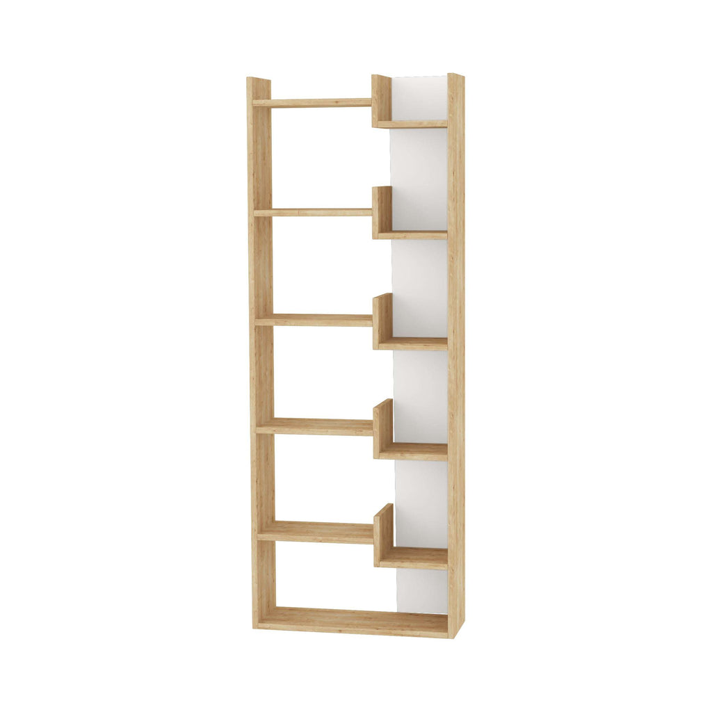 Tall open-shelf bookcase frame with light wood and white cubby side panels
