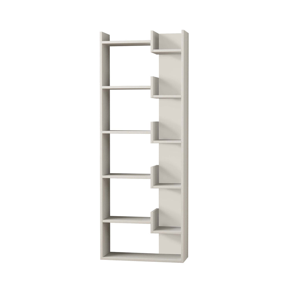 Tall open-shelf bookcase with white frame and dark cubby side panels