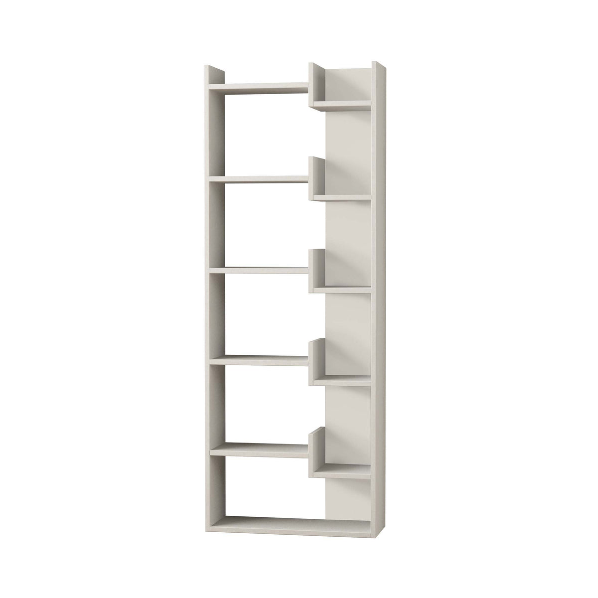 Tall open-shelf bookcase with white frame and dark cubby side panels