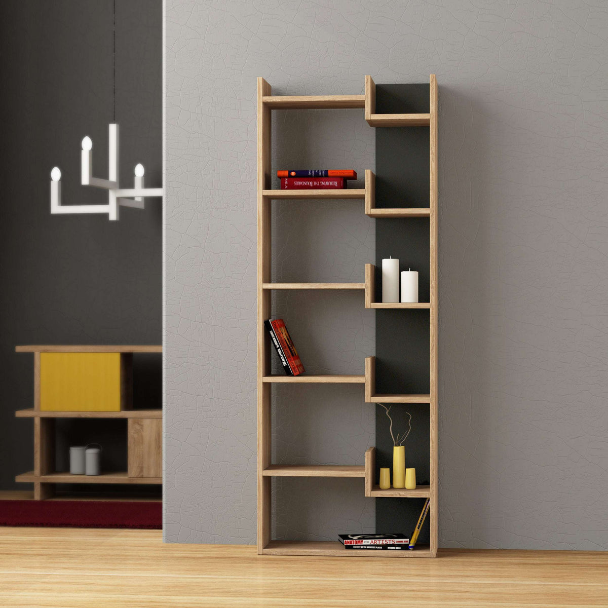 Tall bookcase display unit with open shelves, light wood and dark interior compartments