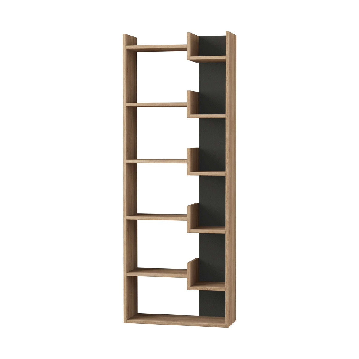 Tall open-shelf bookcase frame with light wood and dark cubby side panels