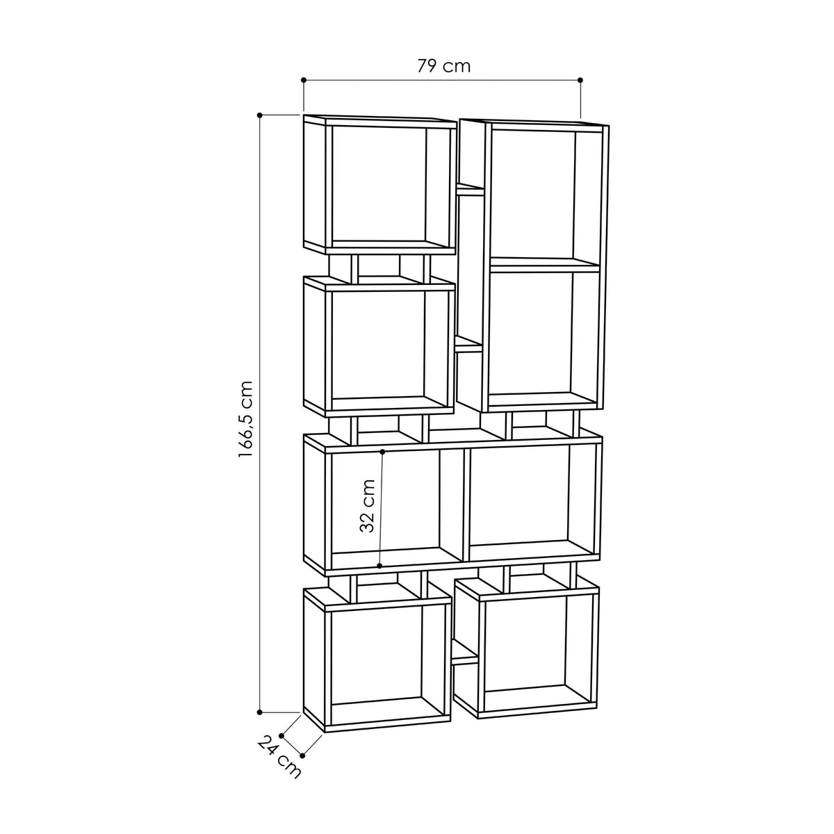 Tall bookcase display unit dimension diagram, 79 cm wide and 166.5 cm high