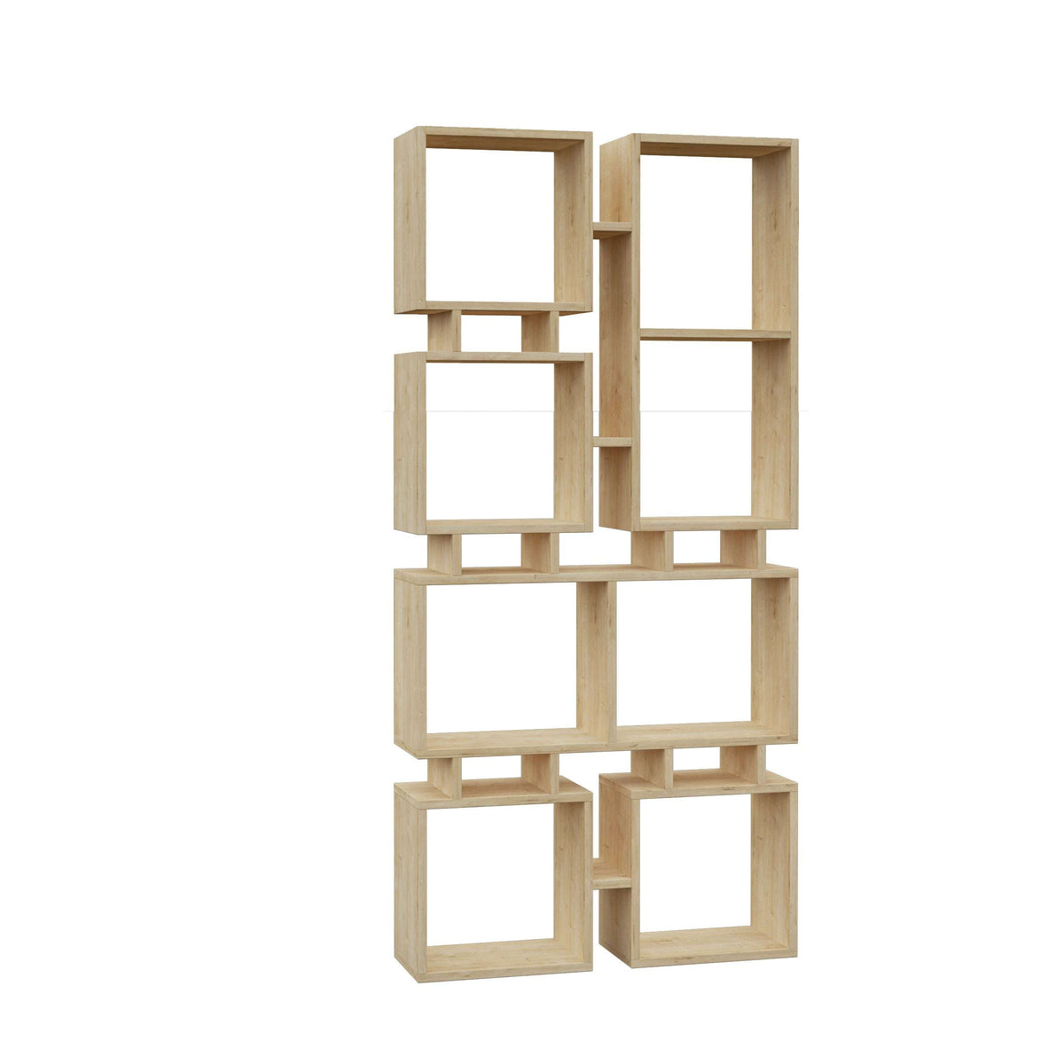 Light wood modern bookcase display unit with open cube shelf layout, empty