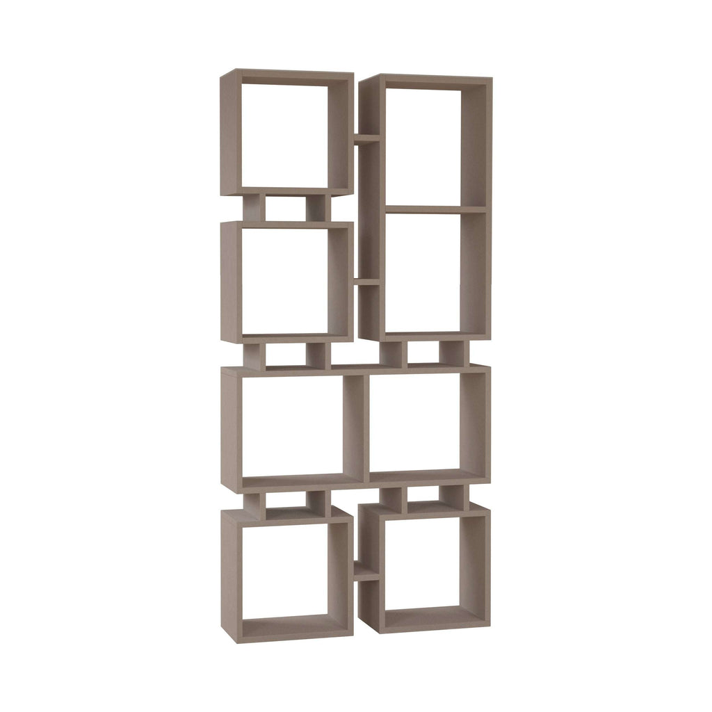 Oak-toned modern bookcase display unit with open cube shelf layout, empty