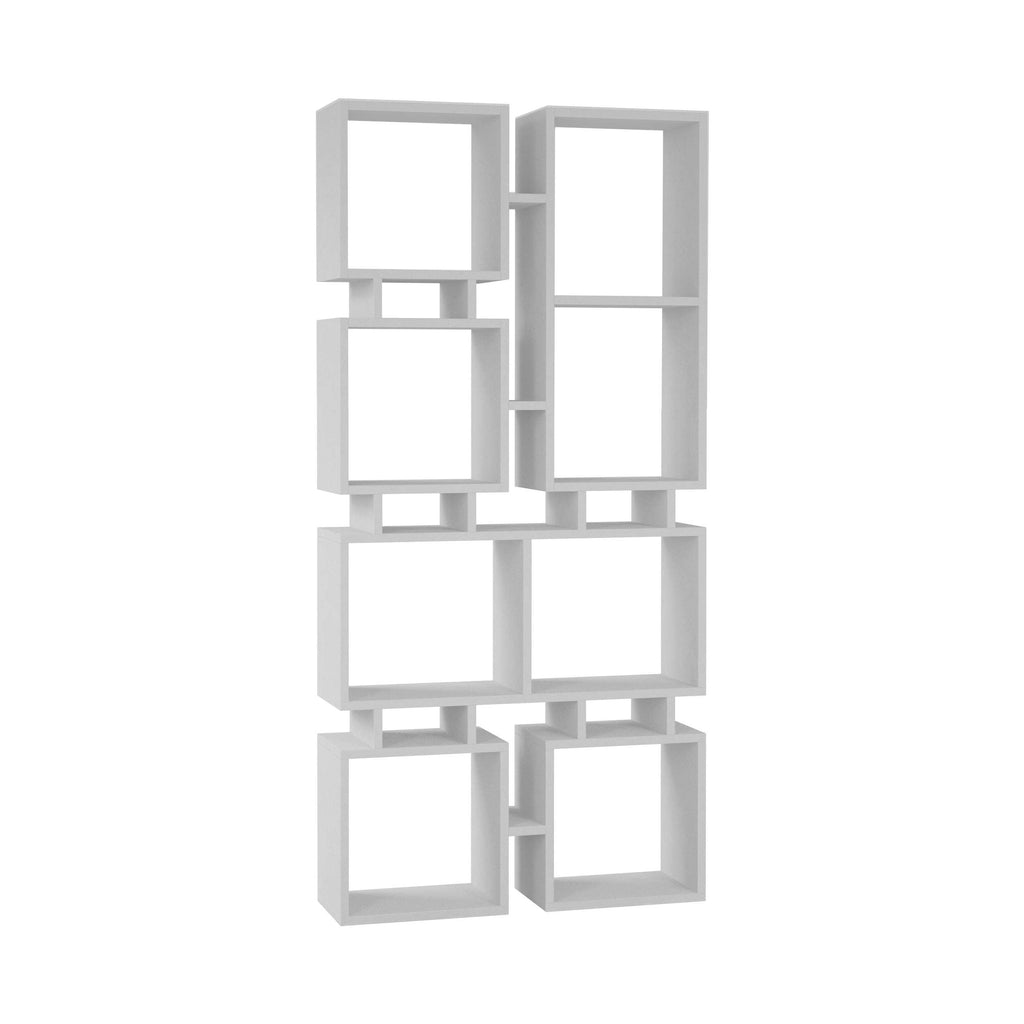 White modern bookcase display unit with open cube shelf layout, empty