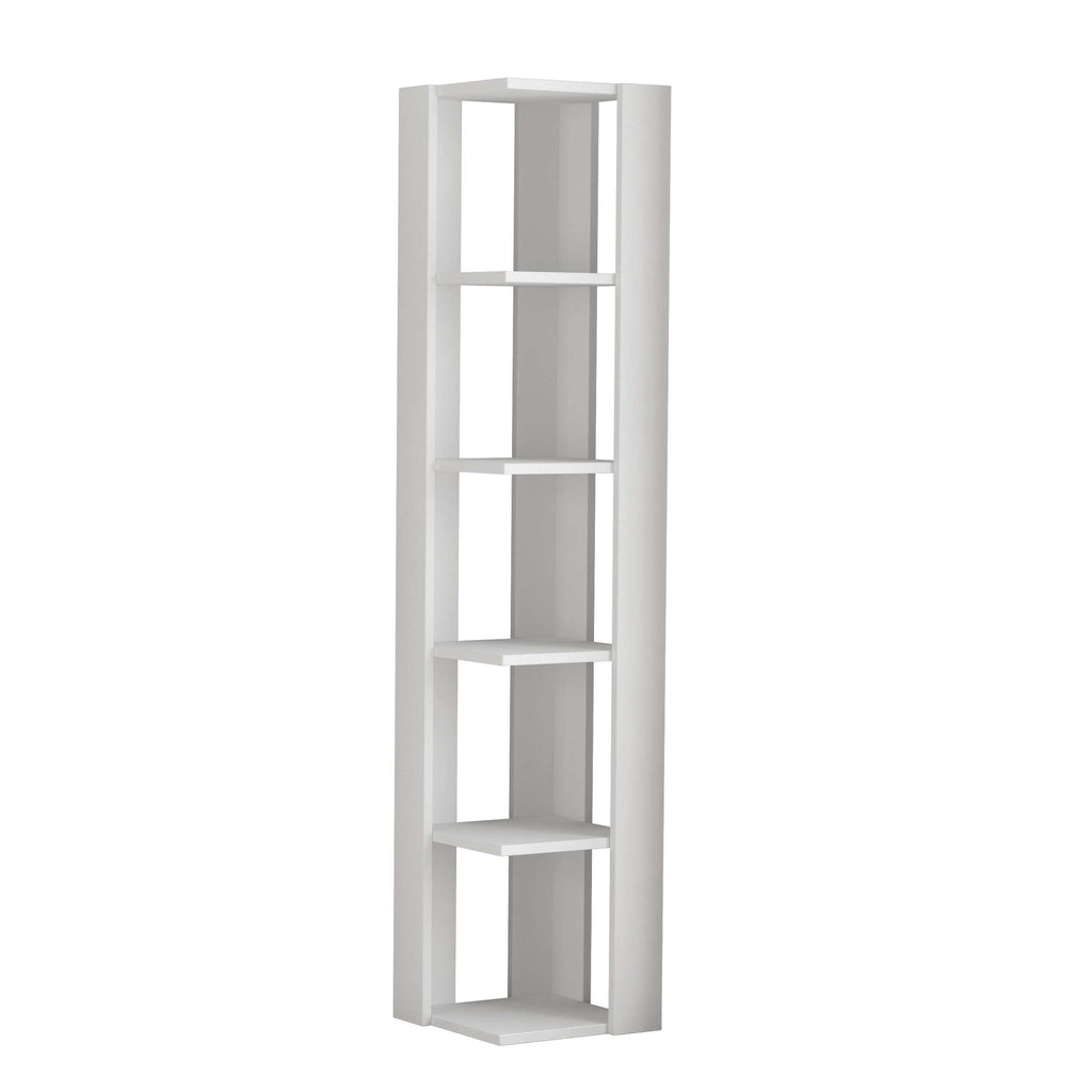 Tall narrow white bookcase with open shelves, ready for books and decorative items.