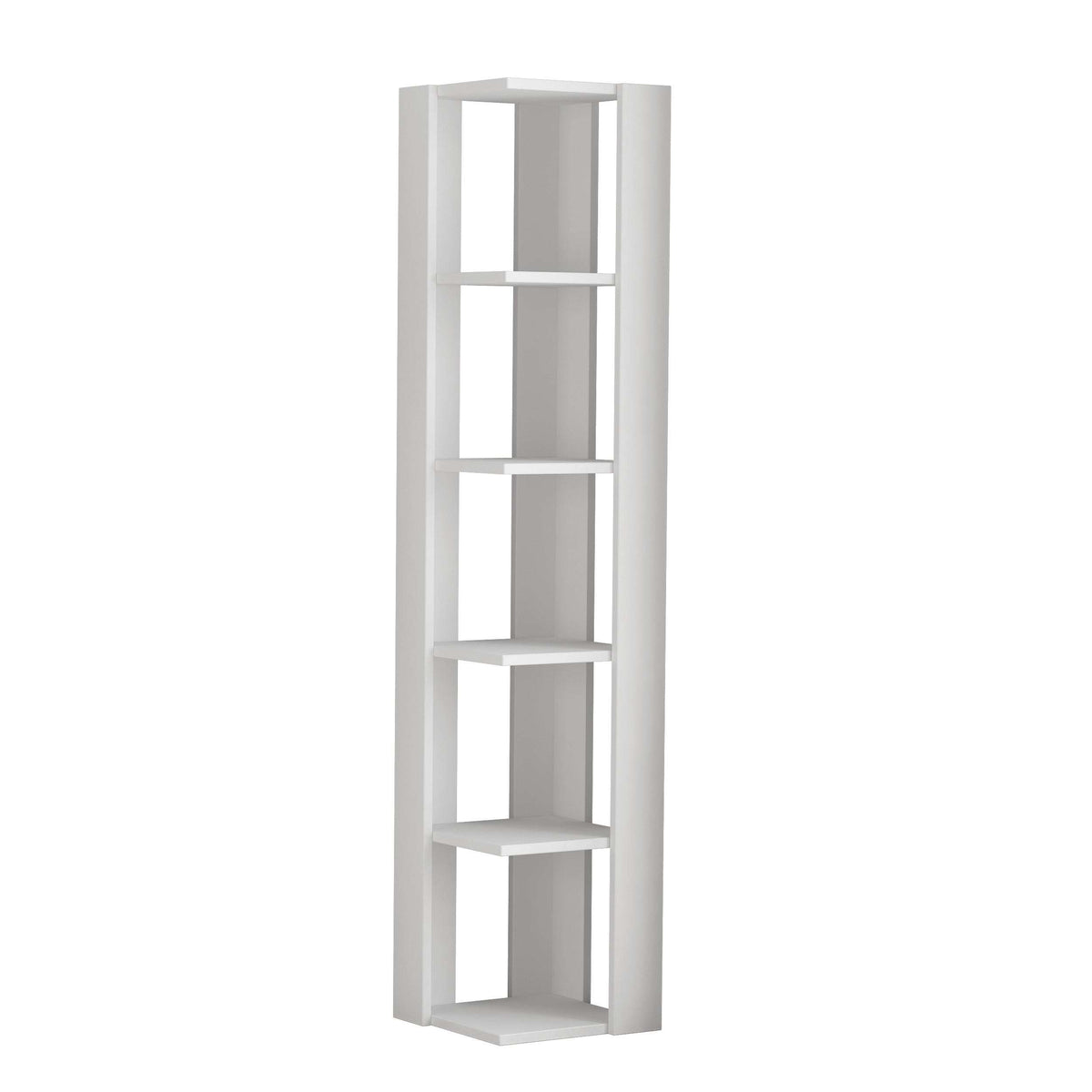Tall narrow white bookcase with open shelves, ready for books and decorative items.