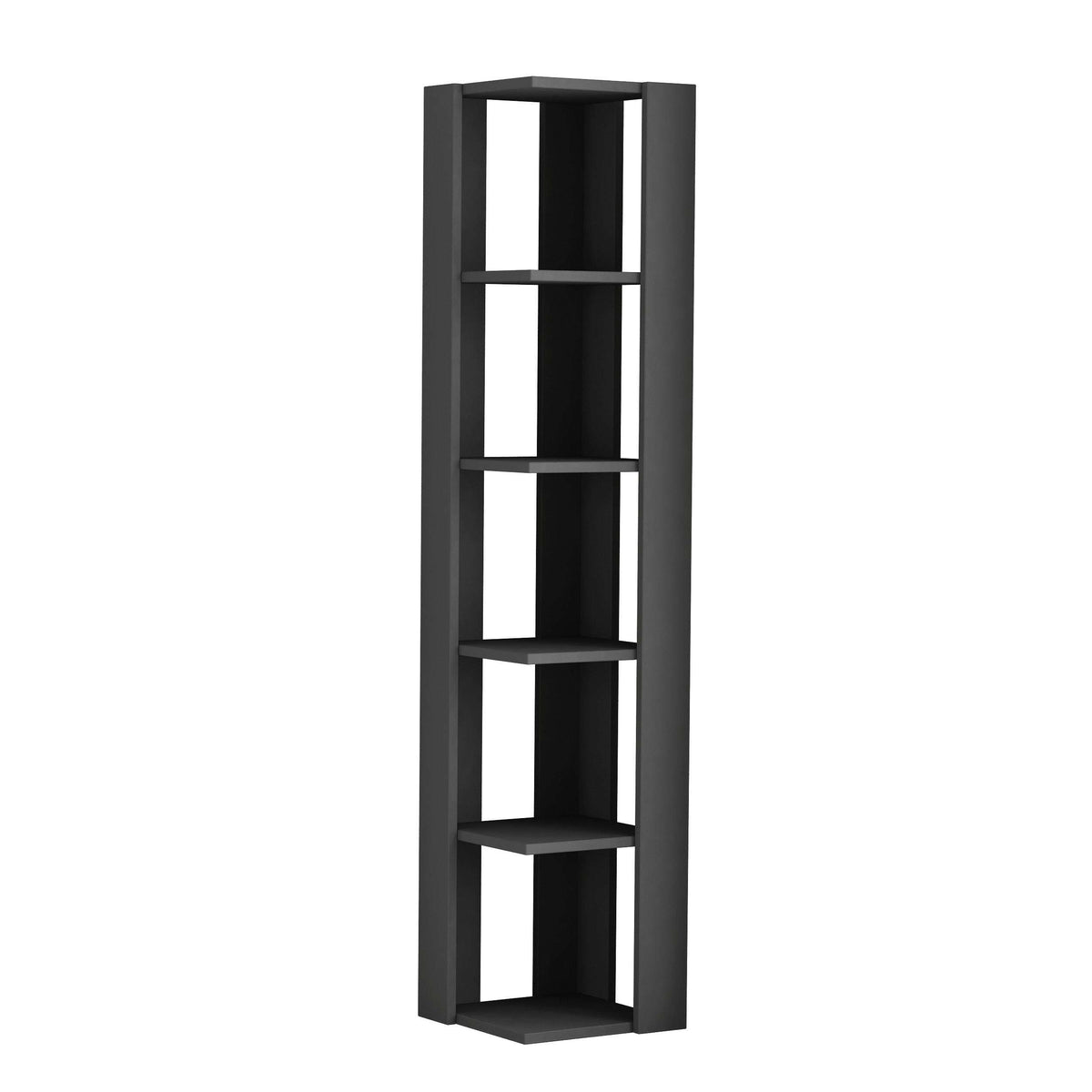 Tall narrow dark anthracite bookcase with open shelves and vertical frame.
