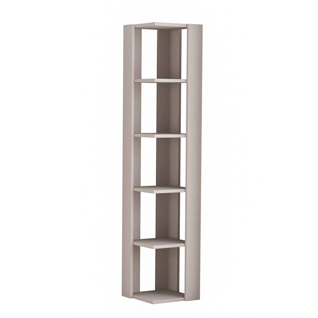 Tall white corner display bookcase with 5 open shelves