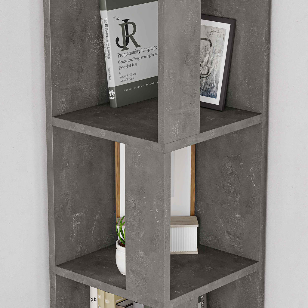 Tall corner bookcase with open shelves and grey concrete-look panels