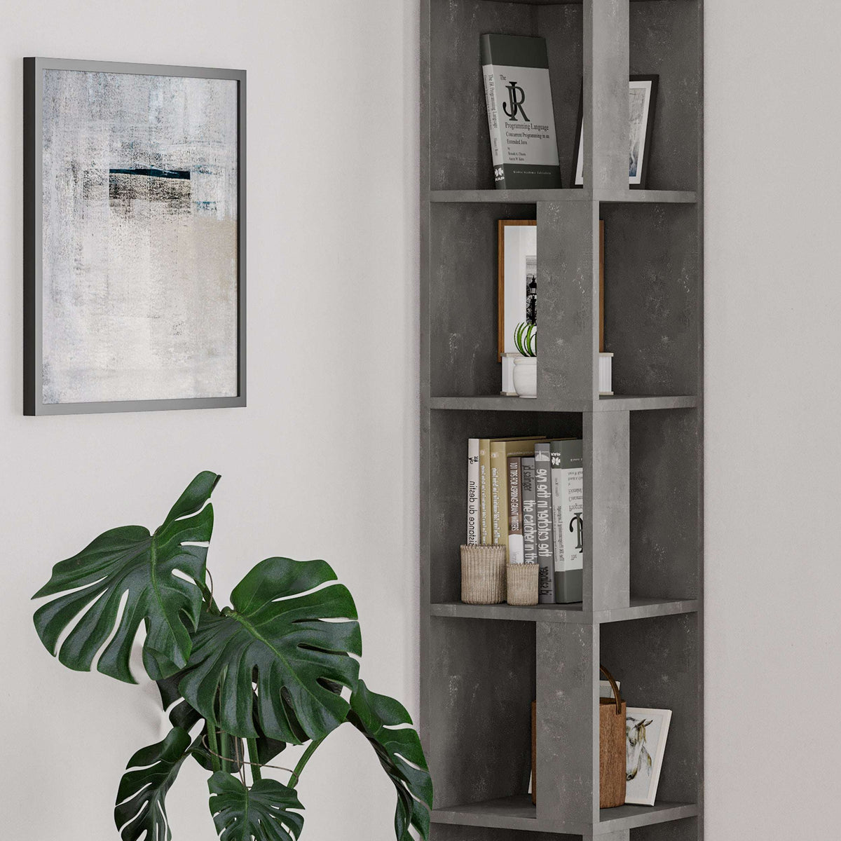 Dark gray tall bookcase display unit with open cubbies for books and magazines
