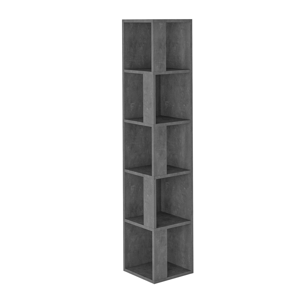 Tall corner bookcase display unit with open shelves, anthracite grey finish