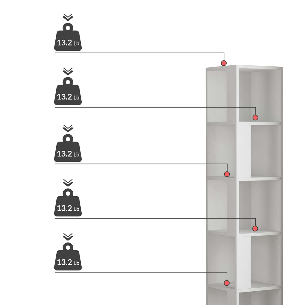 Tall corner bookcase display unit with open shelves, white finish