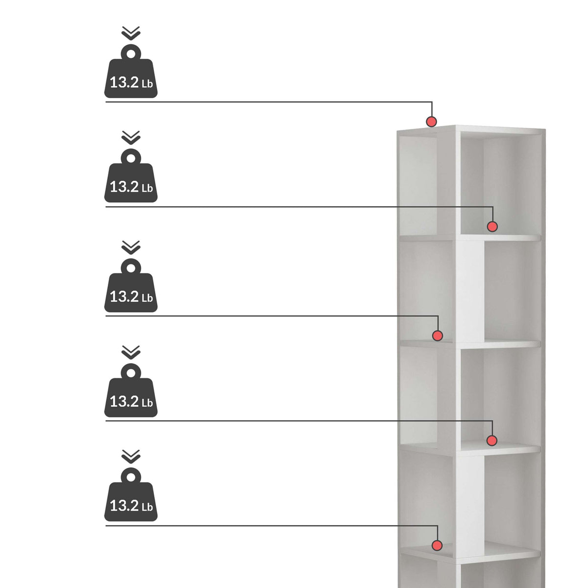 Tall corner bookcase display unit with open shelves, white finish