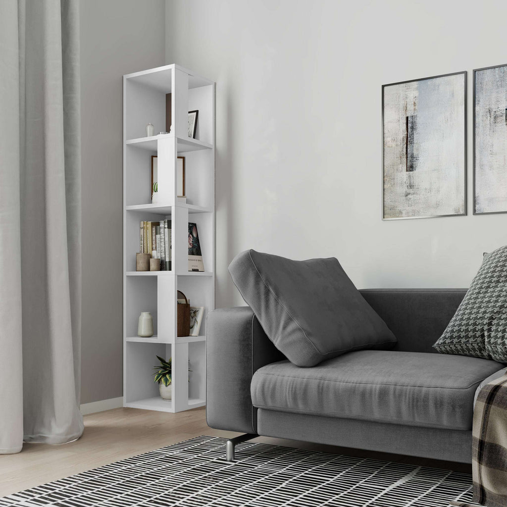 Tall corner bookcase display unit with open shelves, white finish
