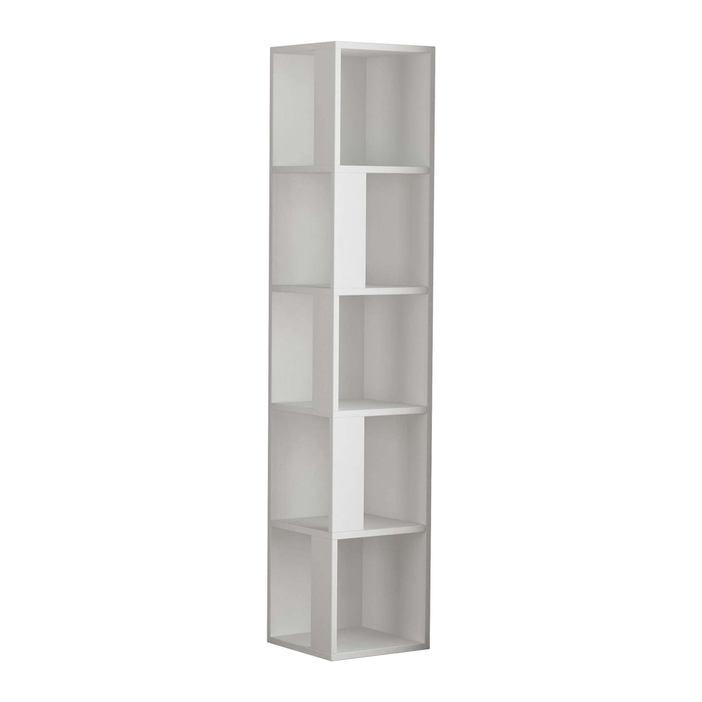 Tall corner bookcase display unit with open shelves, white finish