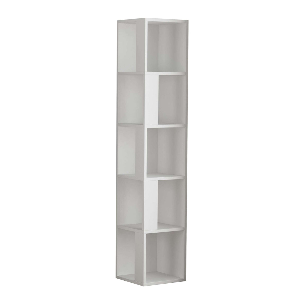 Tall corner bookcase display unit with open shelves, white finish