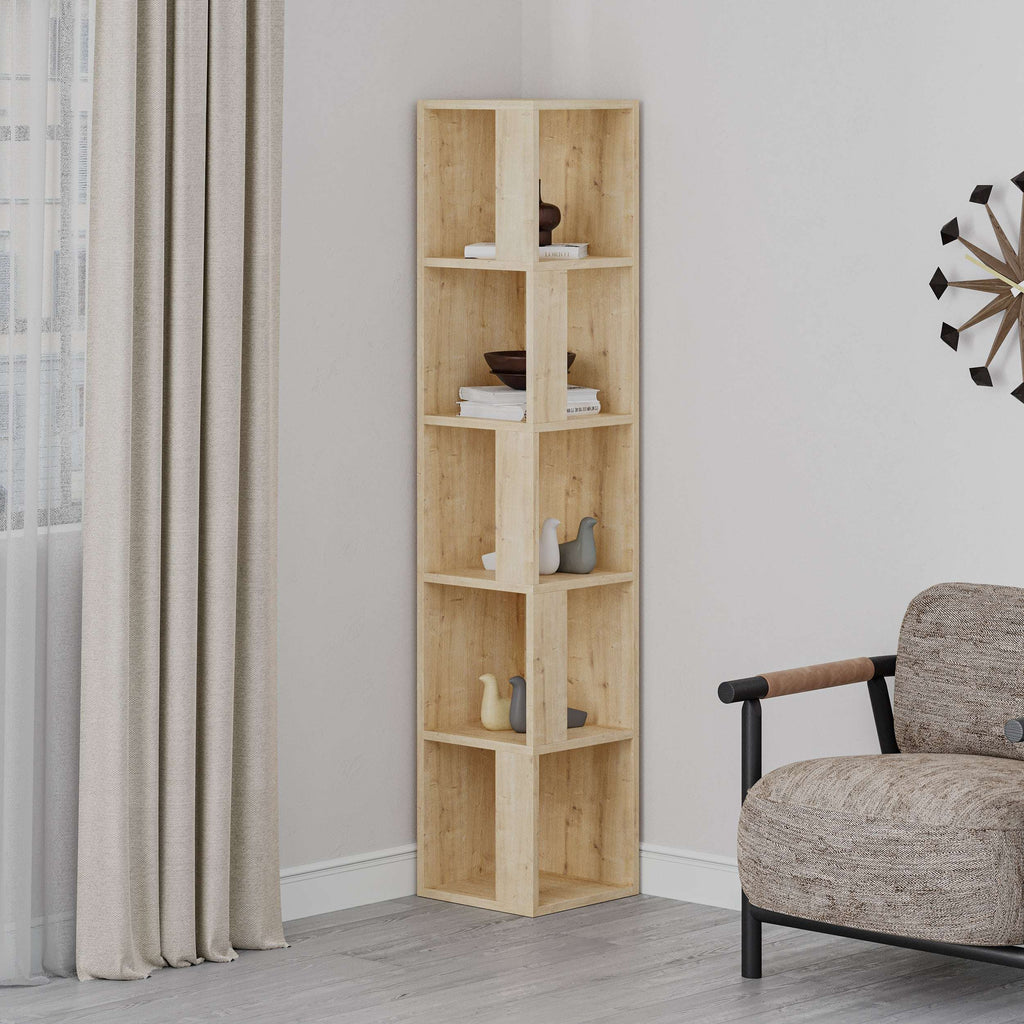 Tall corner bookcase display unit with open shelves, light wood finish