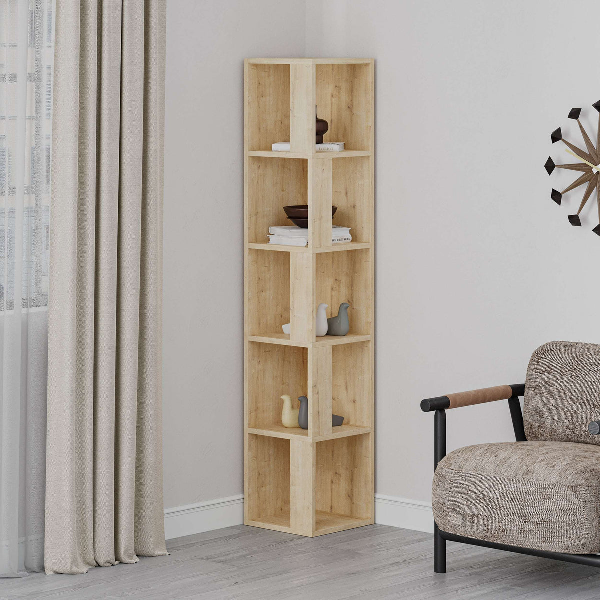 Tall corner bookcase display unit with open shelves, light wood finish