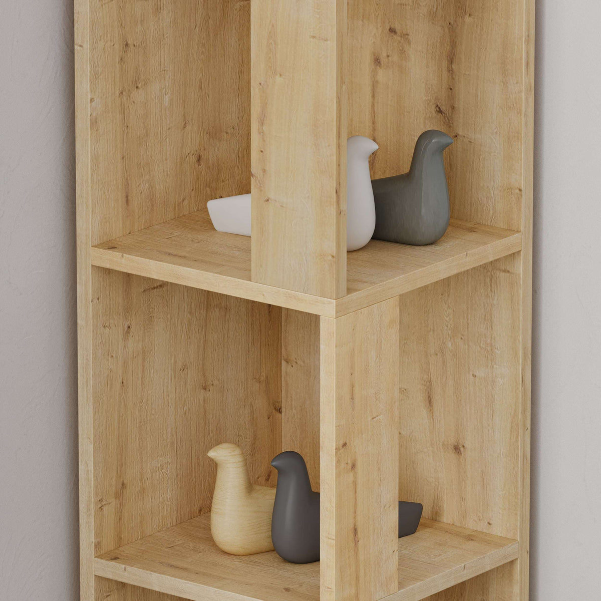 Light oak corner display bookcase unit with open shelves and two cubby levels