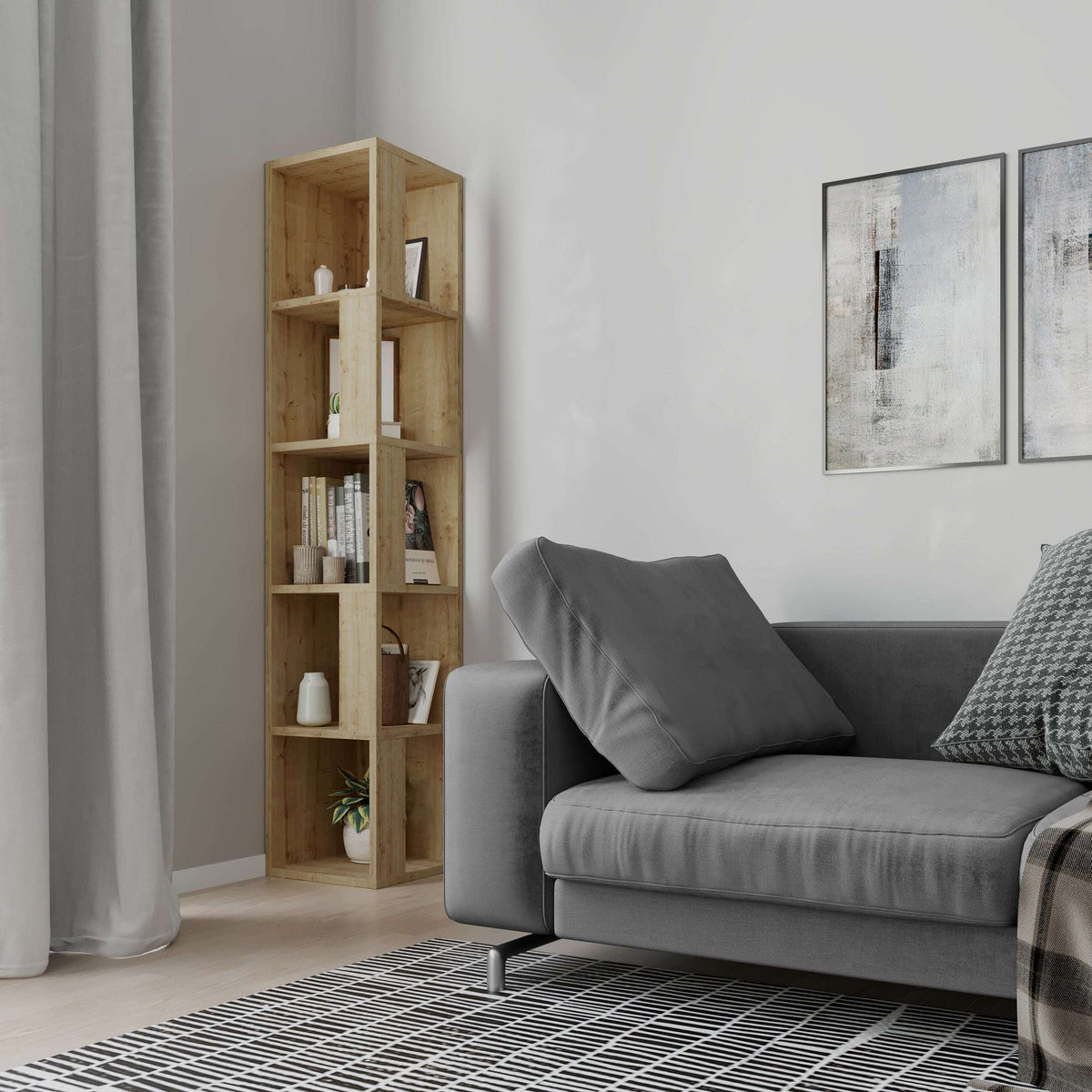 Tall light oak corner bookcase display unit with open compartments for books and decor