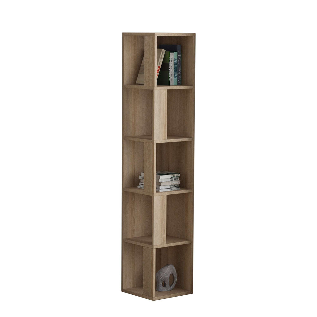 Tall corner bookcase display unit with open shelves, medium oak wood finish