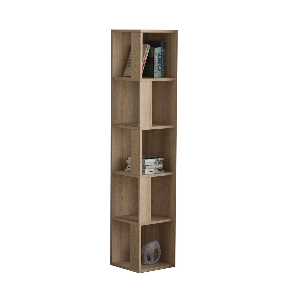 Tall corner bookcase display unit with open shelves, medium oak wood finish