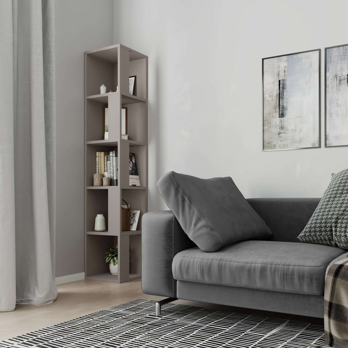 Tall gray corner bookcase display unit with open shelves and vertical compartments