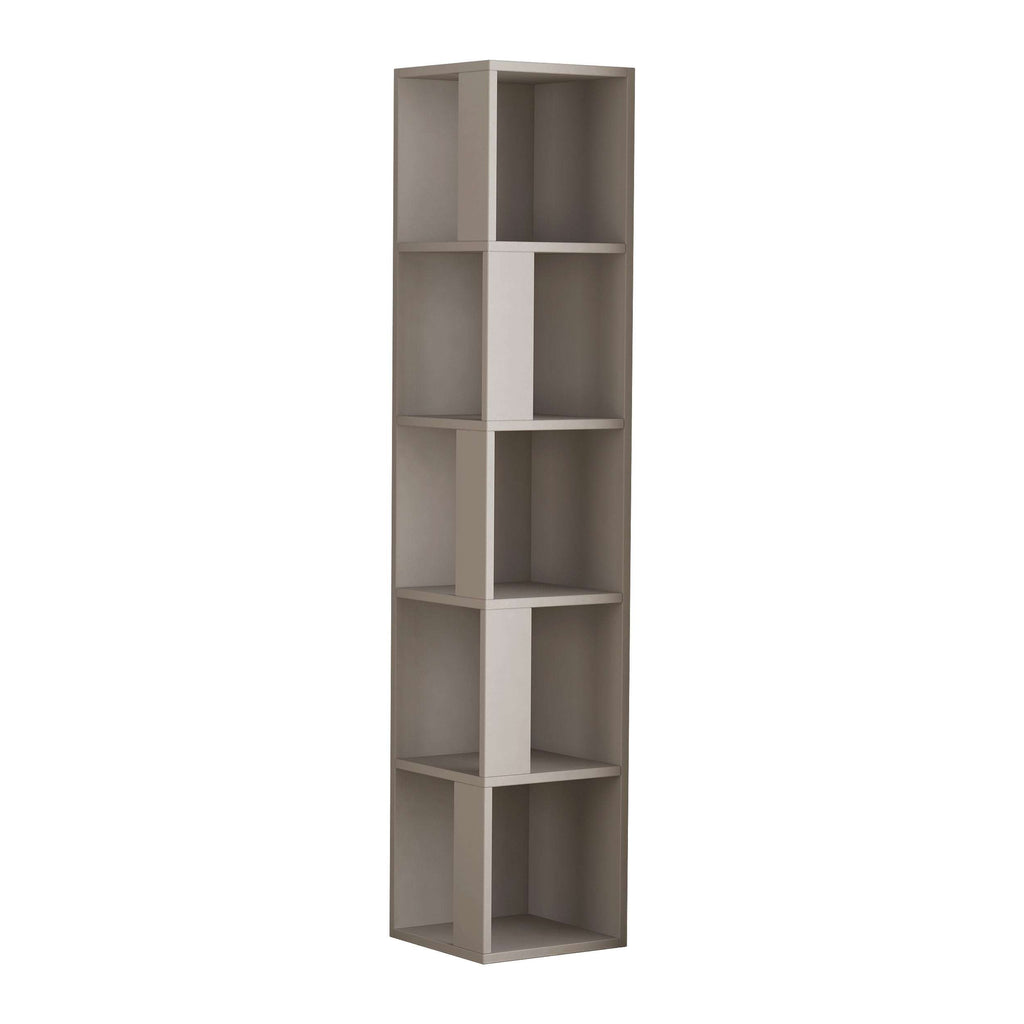 Tall corner bookcase display unit with open shelves, light grey finish