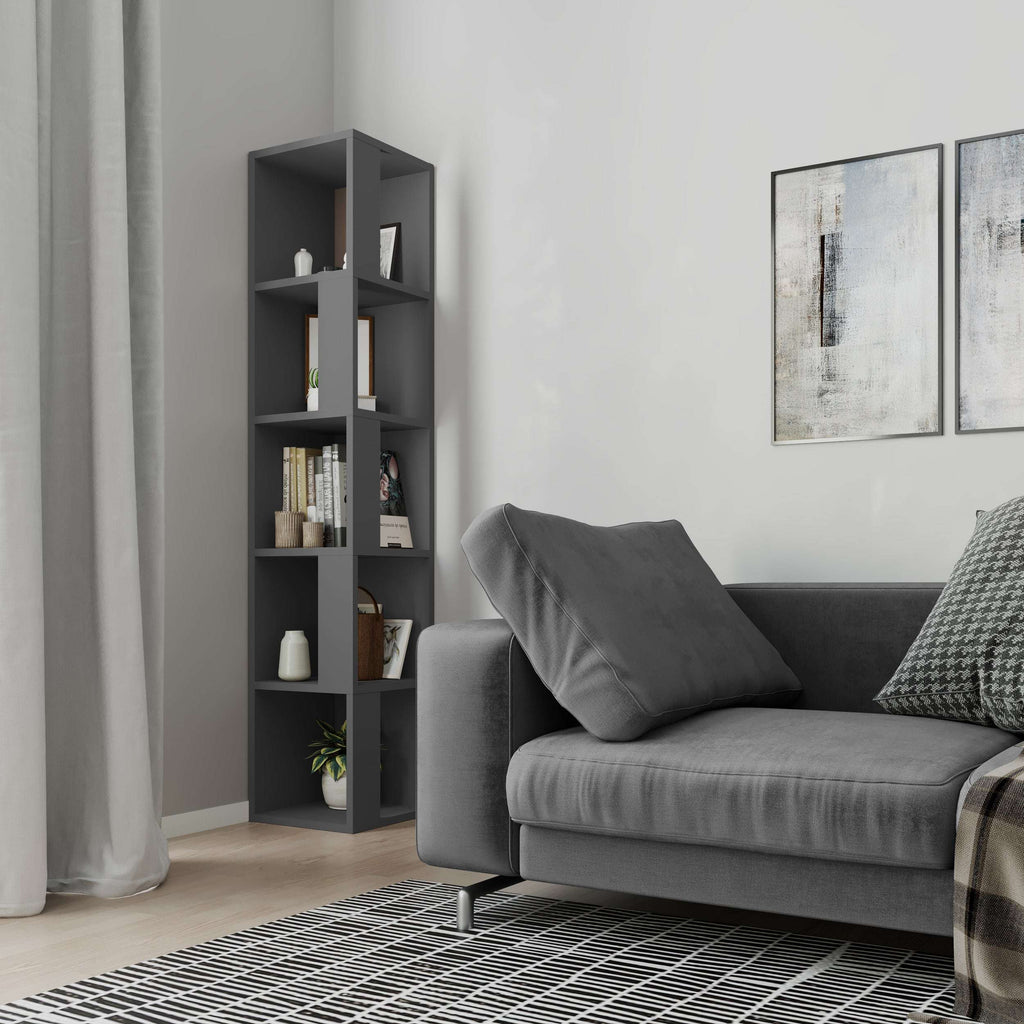 Tall corner bookcase display unit with open shelves, dark grey finish