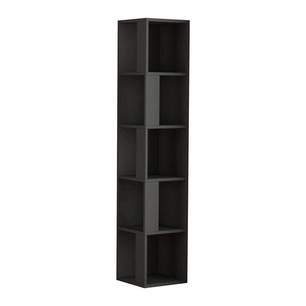 Tall corner bookcase display unit with open shelves, dark finish