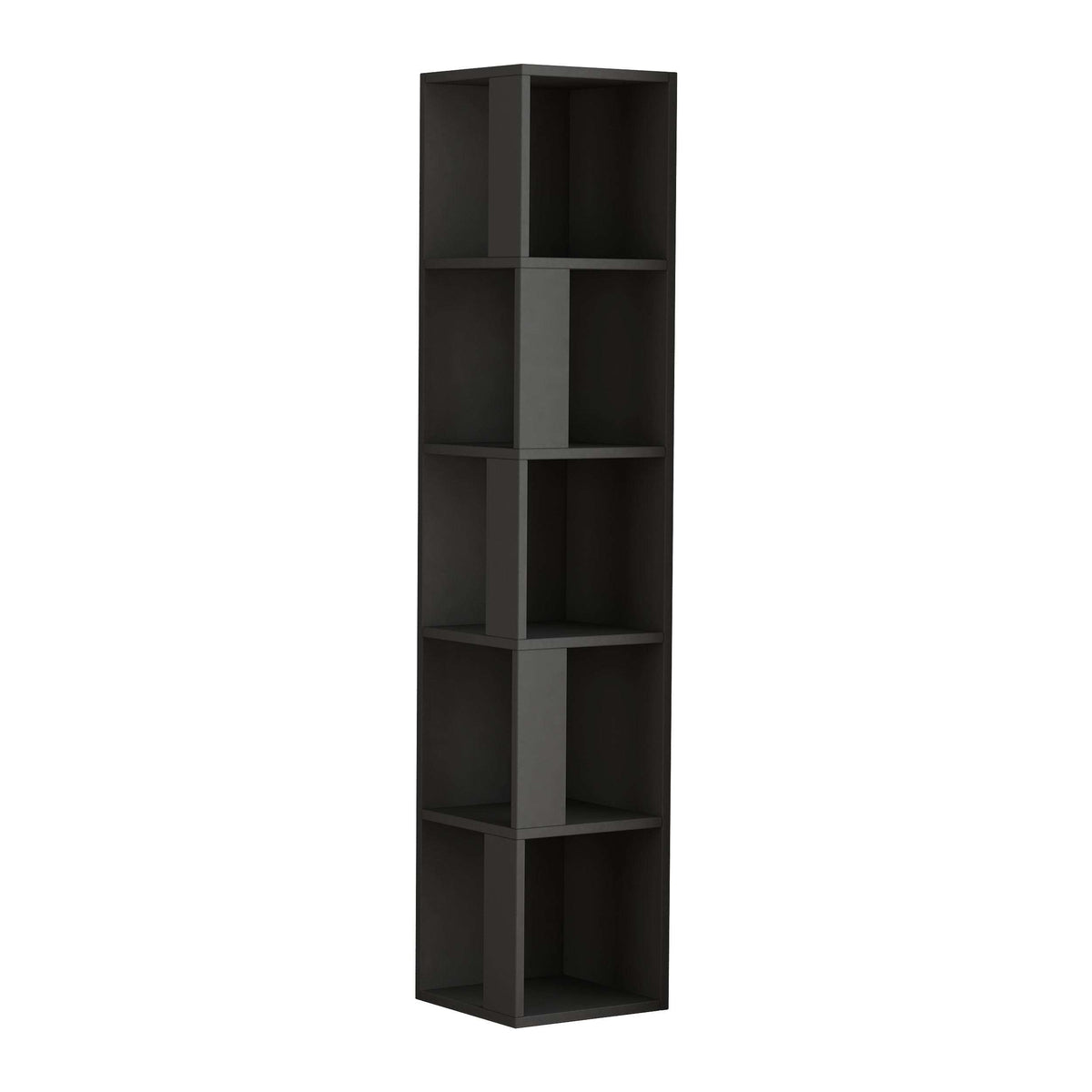 Tall corner bookcase display unit with open shelves, dark finish